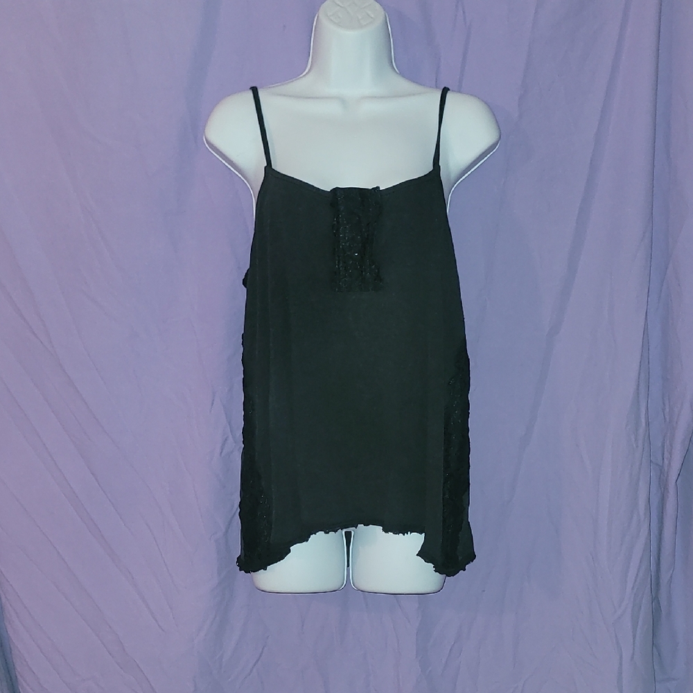 POL Black Knit Lace Side Henley Tank Top